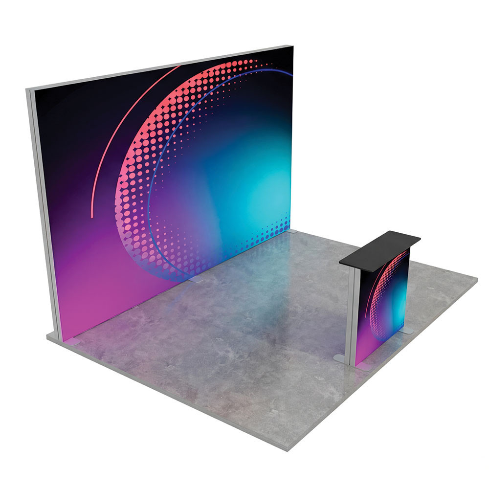LED LUMIX 12 m2 4x3-as félszigetes kiállítási stand grafikával és standdal
